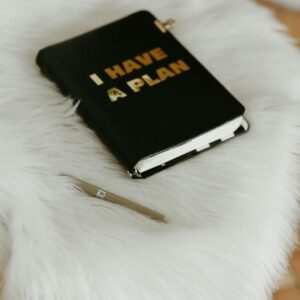 Stylish home office setup featuring a notebook with 'I HAVE A PLAN' text and a pen on a fluffy white chair.